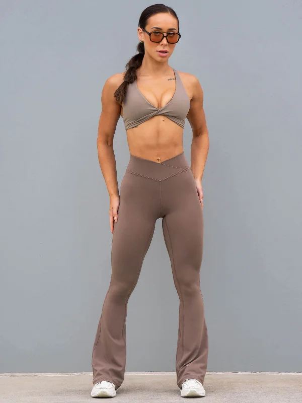 NKD Cross Over Flared Leggings - Taupe Fashionable Fitted Workout Leggings