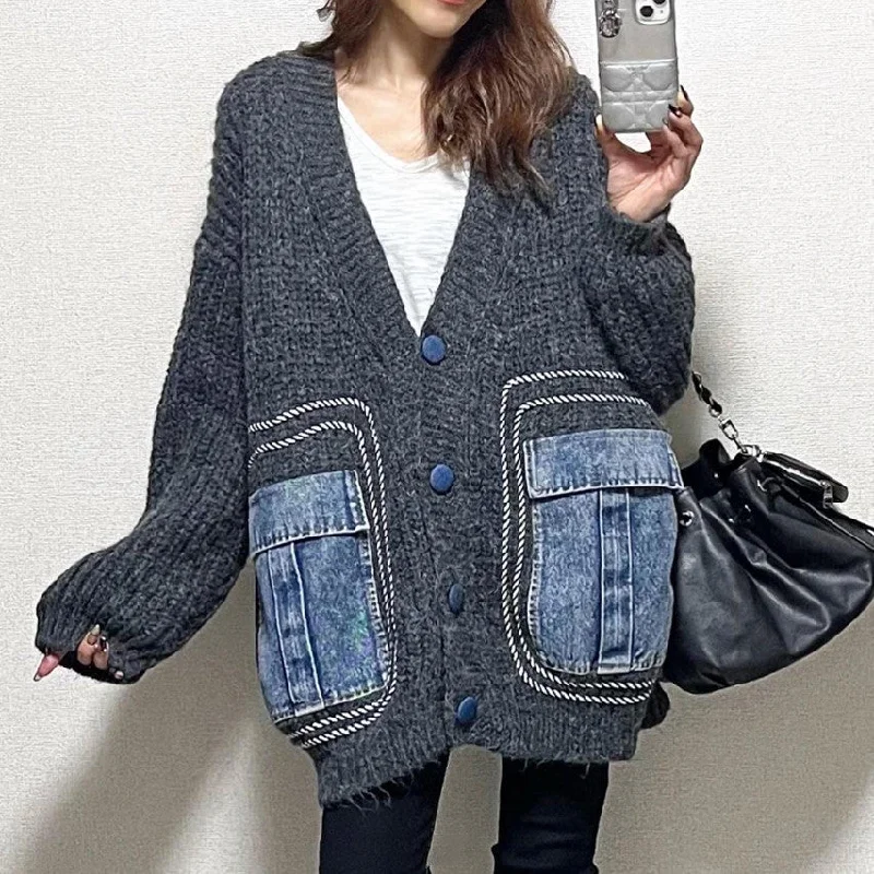 Women's Patchwork Denim Thick Sweater Coat Toggle Coat Shawl Collar Coat Notch Collar Coat