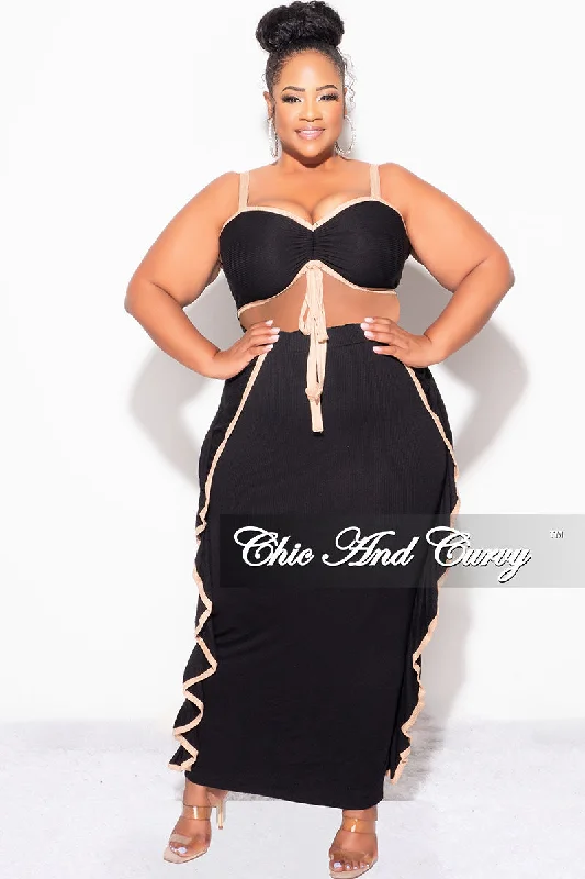 Final Sale Plus Size 2pc Crop Top and Ruffle Skirt Set in Black and Mocha Wool Fabric Cashmere Fabric Tweed Fabric