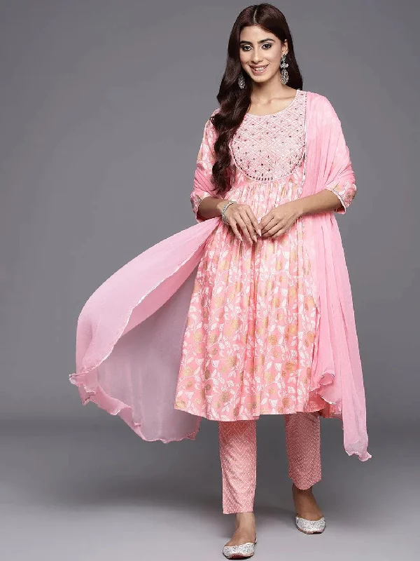Pink Yoke Design Rayon A-Line Kurta With Trousers & Dupatta Trousers stylish elegant