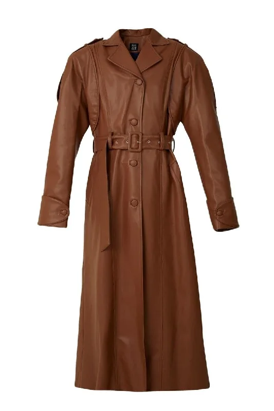 BROWN FAUX LEATHER LONG COAT Fitted Loose Oversized