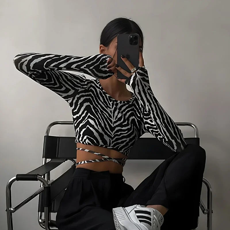 Baddie Zebra Backless Crop Top Notch Collar Peter Pan Collar Cowl Neck