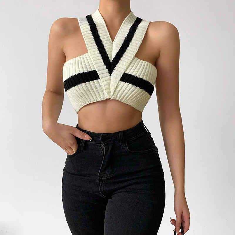 Striped Knitted Crop Top Anti-Pilling Machine Wash Handmade