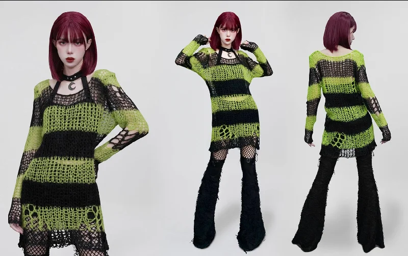 Punk Contrast Color Irregular Broken Hole Thin Knitted Pullover Sweater Crew Neck Wool