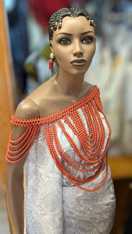 Dupsie's Amarachi African Coral-Red Igbo Edo Cape Shoulder Shrug Crop Top Blouse DPASBCR23 Zippered Front Buttoned Front Snap Front Dupsie's Amarachi African Coral-Red Igbo Edo Cape Shoulder Shrug Crop Top Blouse DPASBCR23 Zippered Front Buttoned Front Snap Front