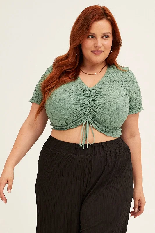 Sage Crop Top Short Sleeve Textured Lace Drawstring Mesh Canvas Denim