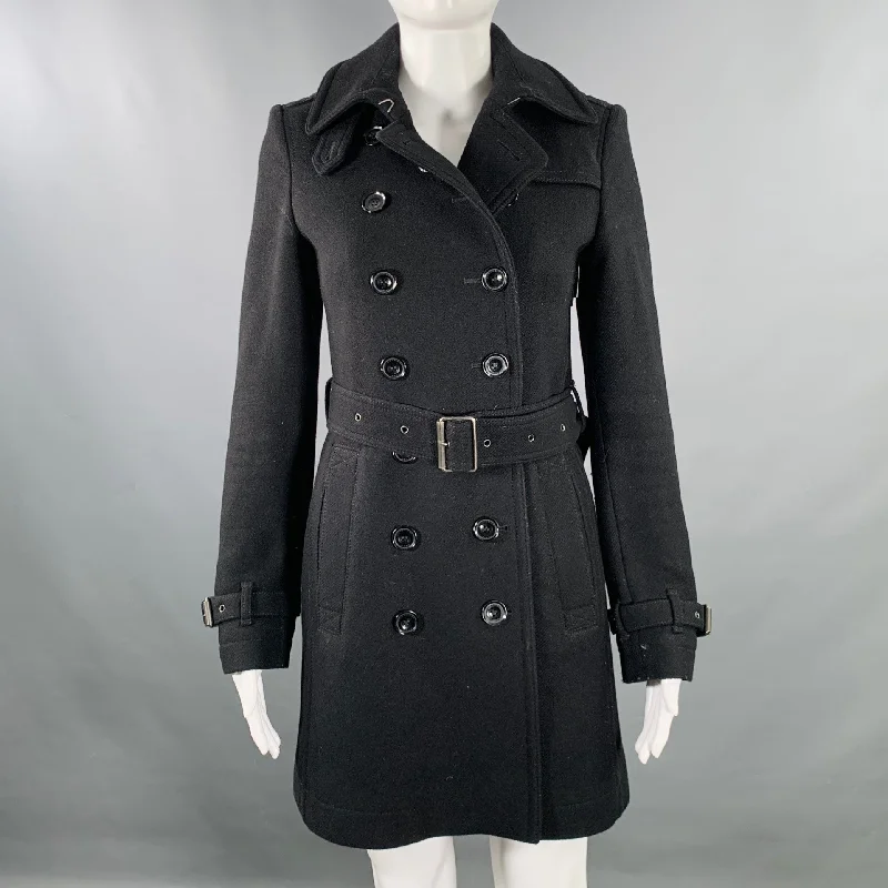BURBERRY BRIT Size 2 Black Wool Blend Double Breasted Belted Coat Knit Woven Fleece
