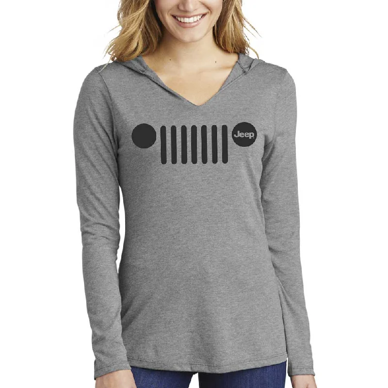 Ladies Jeep® Grille Text Triblend Hooded Pullover - Grey Heather Hooded Pullover Sweater