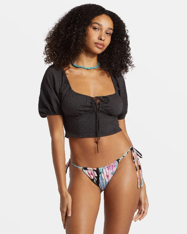 Posy Crop Top - Black Sands Summer Crop Top Casual Short Sleeve