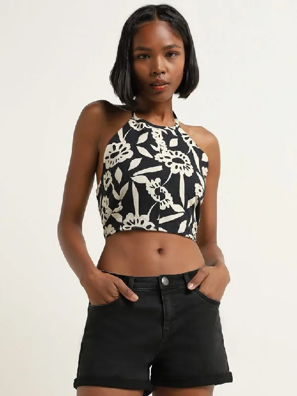 Nuon Black Floral Print Blended Linen Crop Top Collared Crew Neck Turtle Neck