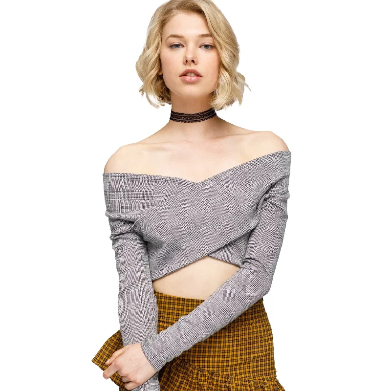 Women's Glen Plaid Off Shoulder Crisscross Crop Top In Grey Embroidered Appliqued Beaded Women's Glen Plaid Off Shoulder Crisscross Crop Top In Grey Embroidered Appliqued Beaded