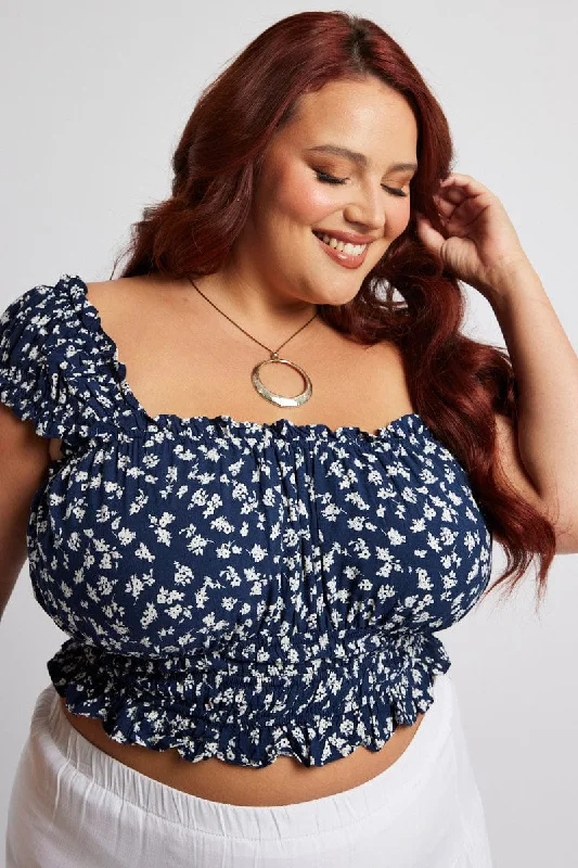 Blue Ditsy Crop Top Short Sleeve Ruched Bust Notch Collar Peter Pan Collar Cowl Neck Blue Ditsy Crop Top Short Sleeve Ruched Bust Notch Collar Peter Pan Collar Cowl Neck