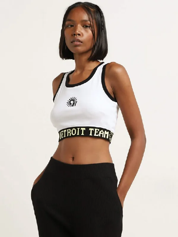 Studiofit White and Black Text Printed Cotton Blend Crop Top Satin Blend Silk Blend Wool Blend Studiofit White and Black Text Printed Cotton Blend Crop Top Satin Blend Silk Blend Wool Blend