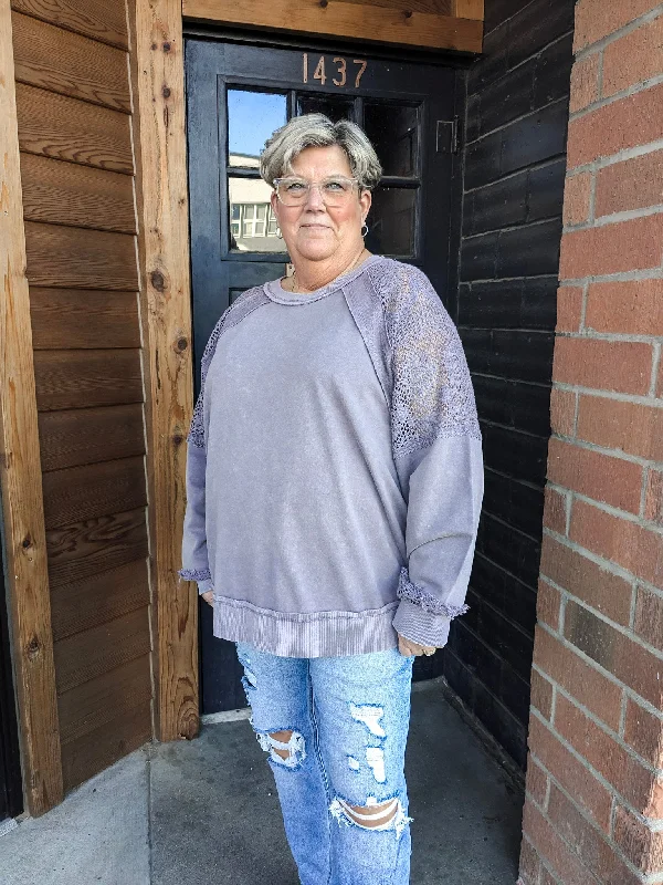 Lacy Detail Sweatshirt - Plus - Dusty Lilac Hoodie with Snap Buttons Easy Quick