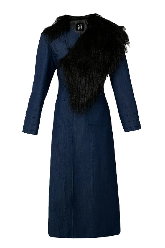 BLUE DENIM FURRY LONG COAT Vent Hem Cuff