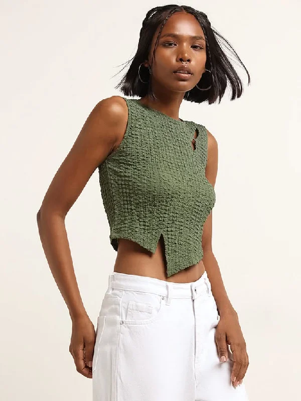 Nuon Olive Ribbed Crop Top Seamless Knitted Crochet