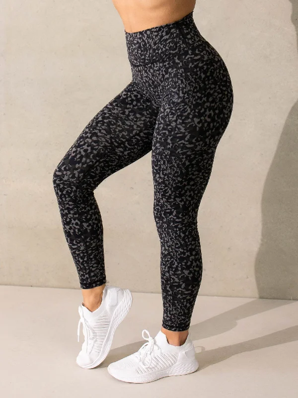 Empower High Waisted Leggings - Black Leopard Comfortable Ribbed Waistband Leggings