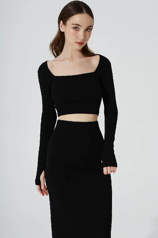 Zeya Knitted Long Sleeve Crop Top - Noir Cashmere Blend Cotton Blend Poly Blend
