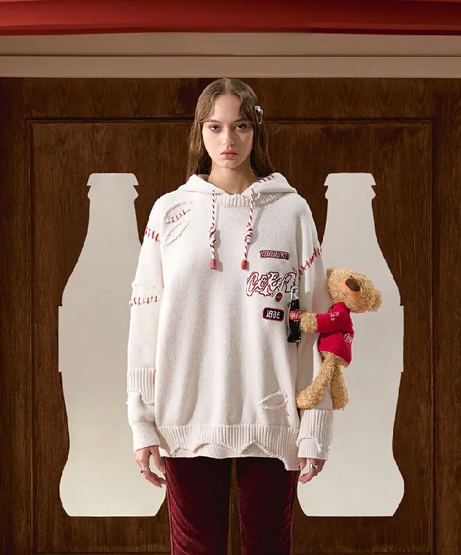 Coca-cola Bear Broken Knit Hoodie Hoodie with Hem Drawcord Adjustable Customizable