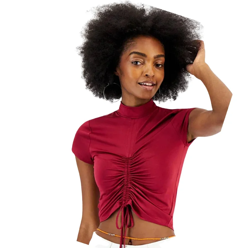 CRAVE FAME - Cinched-Front Mock-Neck Crop Top Rayon Velvet Corduroy