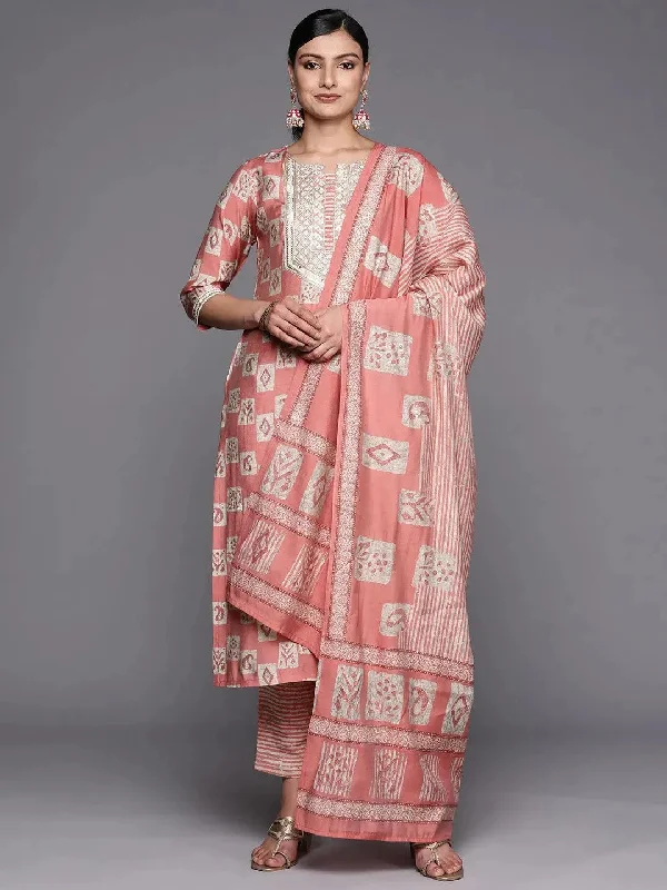 Peach Yoke Design Silk Blend Straight Kurta With Trousers & Dupatta Trousers Versatile Stylish