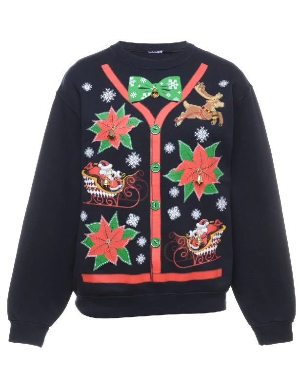 Beyond Retro Reworked Christmas Sweatshirt With Bells - M Hoodie with Slit Hem Functional Movement Beyond Retro Reworked Christmas Sweatshirt With Bells - M Hoodie with Slit Hem Functional Movement