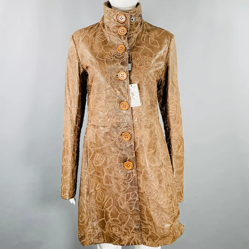 EMPORIO ARMANI Size 8 Brown Lambskin Leather Embroidered Single Breasted Coat Collared Crew Neck Turtle Neck EMPORIO ARMANI Size 8 Brown Lambskin Leather Embroidered Single Breasted Coat Collared Crew Neck Turtle Neck