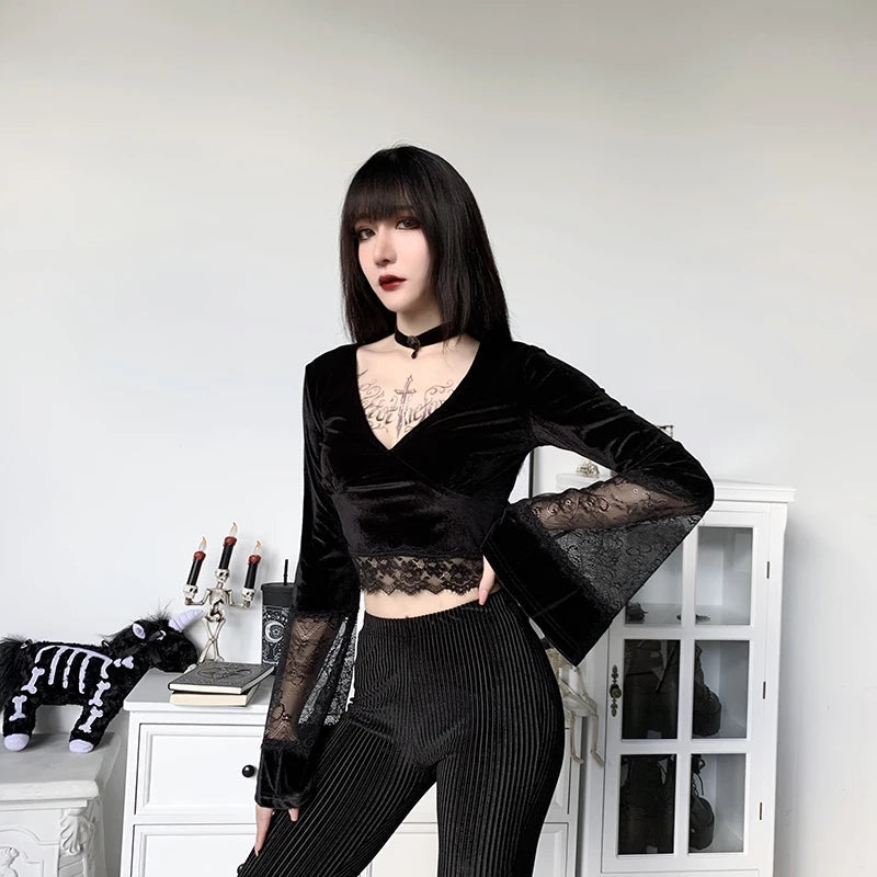 Goth Lace Flare Cuffs Crop Top Anti-Shrink Durable Soft