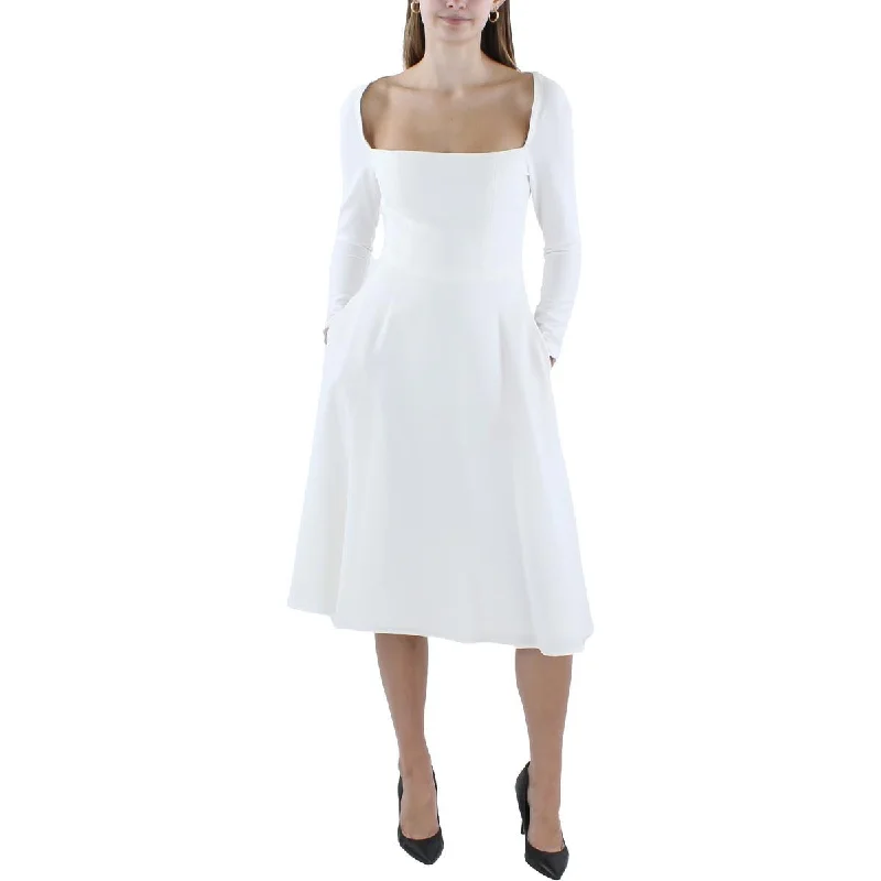 Black Halo Womens Midi Square Neckline Fit & Flare Dress Elegant Lace Trim Midi Dress