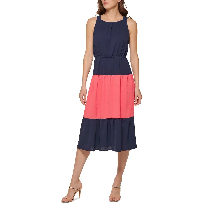 DKNY Womens Colorblock Midi Fit & Flare Dress Comfortable Wrap Midi Dress