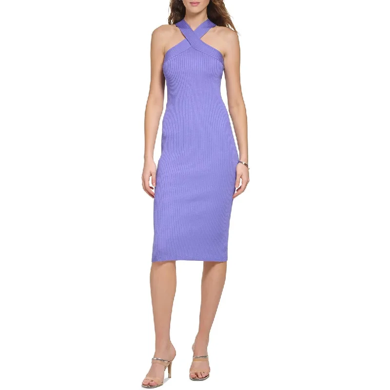 DKNY Womens Ribbed Midi Halter Dress Cozy Wide Strap Midi Dress