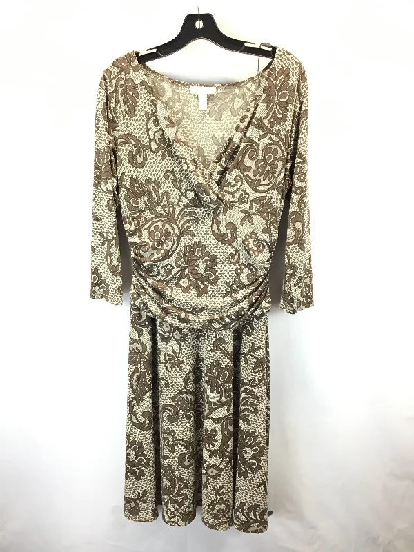 Dress Casual Midi By London Times In Brown & Cream, Size: 12 Comfortable Fit-and-Flare Midi Dress