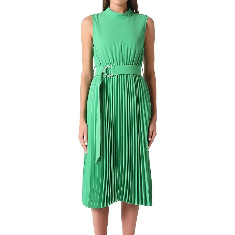 Gracia Womens Pleated Midi Fit & Flare Dress Fashionable Sheer Sleeve Midi Dress
