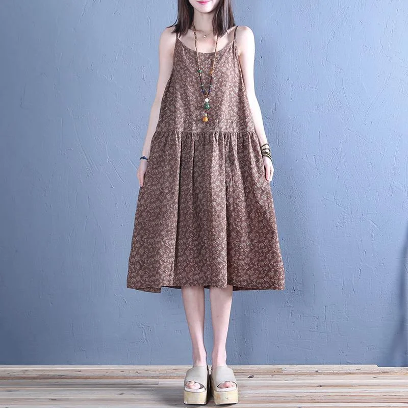 Handmade chocolate print linen clothes Spaghetti Strap Midi summer Dress Comfortable Ribbed Midi Dress Handmade chocolate print linen clothes Spaghetti Strap Midi summer Dress Comfortable Ribbed Midi Dress