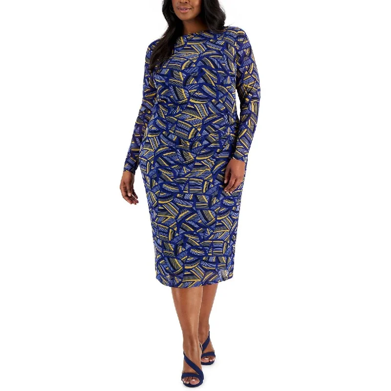 Kasper Womens Plus Printed Midi Sheath Dress Fashionable Pleated Midi Dress