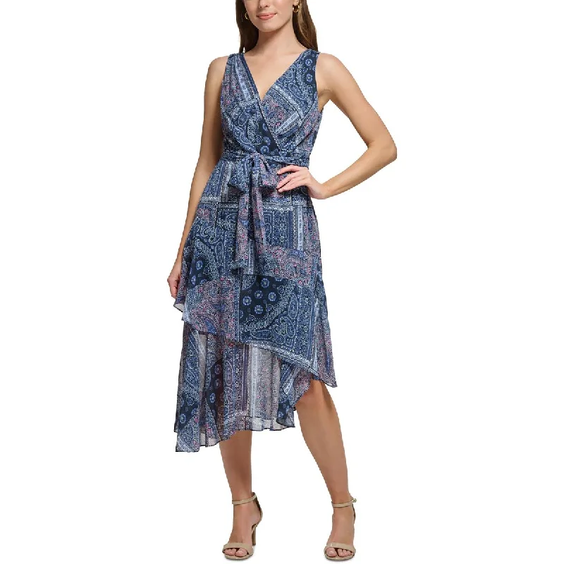 Tommy Hilfiger Womens Patchwork Midi Fit & Flare Dress Stylish Midi Dress with Cuffs Tommy Hilfiger Womens Patchwork Midi Fit & Flare Dress Stylish Midi Dress with Cuffs