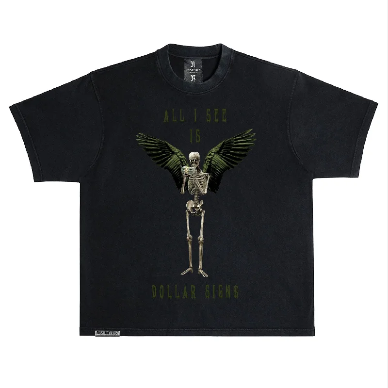 November Reine (Black/Olive "Dollar Signs" T-Shirt)-- Handmade Hand-knitted Hand-woven November Reine (Black/Olive "Dollar Signs" T-Shirt)-- Handmade Hand-knitted Hand-woven