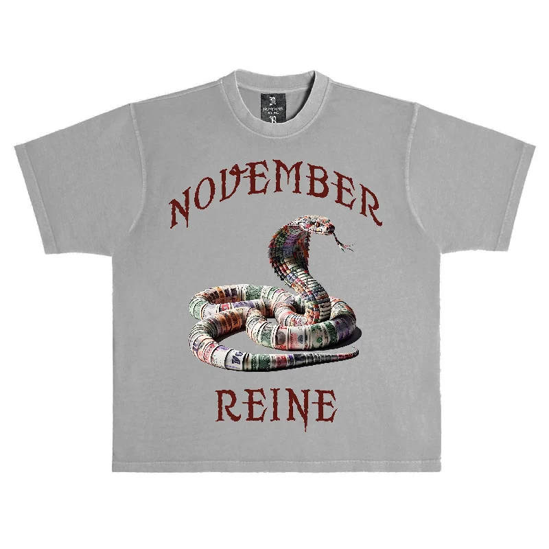 November Reine (Grey/Deep burgundy "Money Rattle Snake" t-shirt)-- Notch Collar Peter Pan Collar Cowl Neck November Reine (Grey/Deep burgundy "Money Rattle Snake" t-shirt)-- Notch Collar Peter Pan Collar Cowl Neck