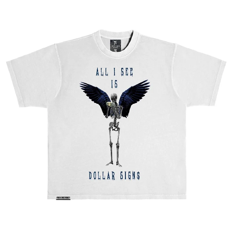 November Reine (White/Midnight Navy "Dollar Signs" T-Shirt)-- Anti-Shrink Durable Soft November Reine (White/Midnight Navy "Dollar Signs" T-Shirt)-- Anti-Shrink Durable Soft