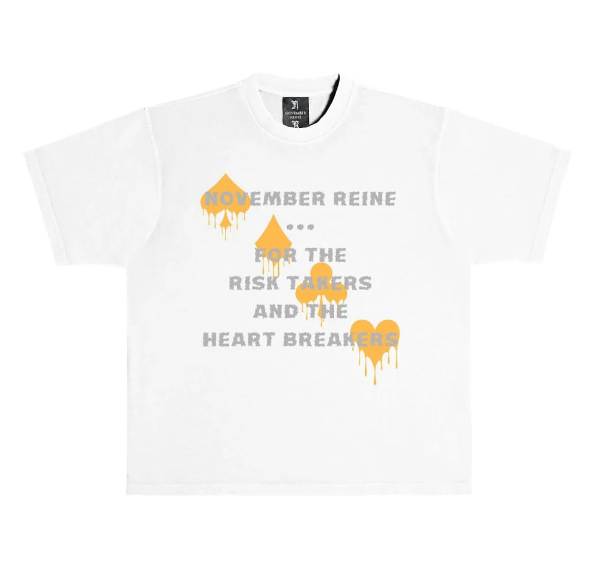 November Reine (White/Yellow "Risk Takers" t-shirt)-- Spandex Blend Rayon Blend Denim Blend November Reine (White/Yellow "Risk Takers" t-shirt)-- Spandex Blend Rayon Blend Denim Blend