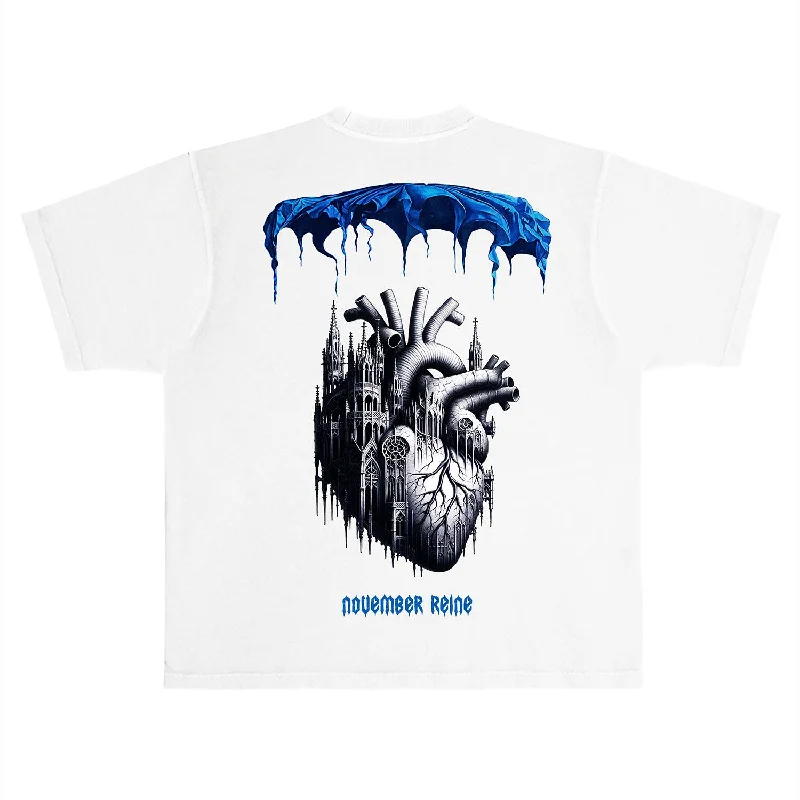 November Reine (White/Military blue "tracery" T-Shirt)-- Graphic Embroidered Appliqued November Reine (White/Military blue "tracery" T-Shirt)-- Graphic Embroidered Appliqued