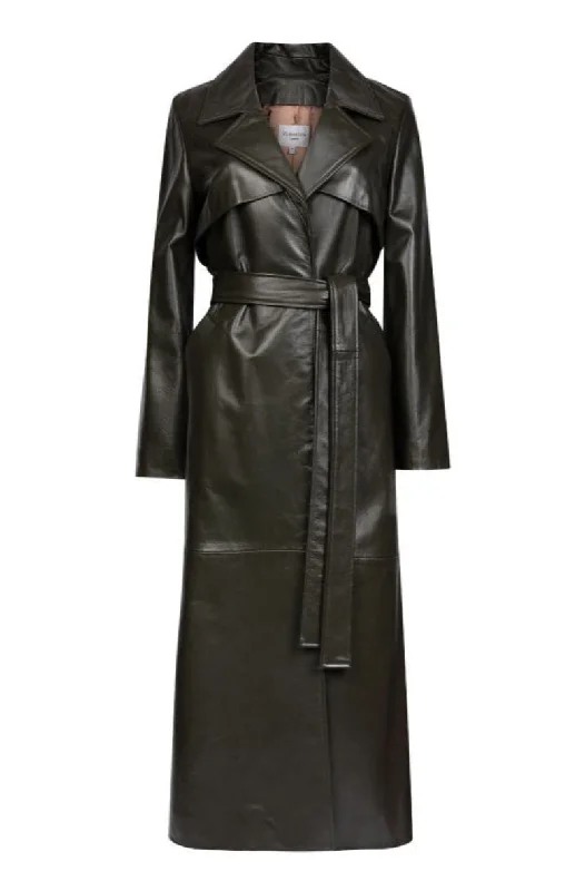 LEONORA DARK KHAKI LEATHER TRENCH COAT Lapel Coat Peter Pan Collar Coat Cowl Neck Coat LEONORA DARK KHAKI LEATHER TRENCH COAT Lapel Coat Peter Pan Collar Coat Cowl Neck Coat