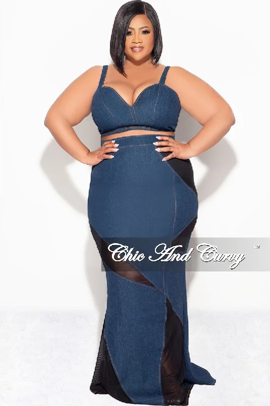 Final Sale Plus Size 2pc Spaghetti Strap Crop Top and Sheer Maxi Skirt Set in Denim and Black Elegant Classic Vintage Final Sale Plus Size 2pc Spaghetti Strap Crop Top and Sheer Maxi Skirt Set in Denim and Black Elegant Classic Vintage