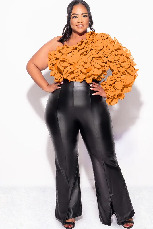 Final Sale Plus Size Ruffled One Shoulder Crop Top in Rust Brown Terry Blend Velvet Blend Canvas Blend Final Sale Plus Size Ruffled One Shoulder Crop Top in Rust Brown Terry Blend Velvet Blend Canvas Blend